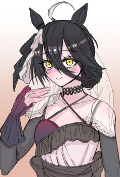 1girl :> absurdres ahoge animal_ears black_choker black_hair blush bow breasts choker closed_mouth collarbone commentary_request dress ear_ornament ear_ribbon gmg6268 gradient_background hair_bun highres horse_ears horse_girl korean_commentary long_sleeves looking_at_viewer manhattan_cafe_(mysterious_rose)_(umamusume) manhattan_cafe_(umamusume) multicolored_hair red_ribbon ribbon see-through_clothes see-through_veil short_hair single_hair_bun small_breasts smile solo umamusume veil white_dress white_hair white_ribbon white_veil yellow_eyes