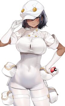 1girl aether_foundation_employee aether_foundation_employee_(female) aether_foundation_uniform black_hair blush bodysuit breasts collar dark-skinned_female dark_skin elbow_gloves gloves hand_on_own_hip hat hat_tip highres holding holding_poke_ball jumpsuit large_breasts marushin_(denwa0214) nintendo poke_ball poke_ball_(basic) pokemon pokemon_sm purple_hair short_hair simple_background solo tan thick_thighs thigh_gap thighs white_background white_bodysuit white_gloves white_hat white_jumpsuit white_uniform wide_hips yellow_eyes