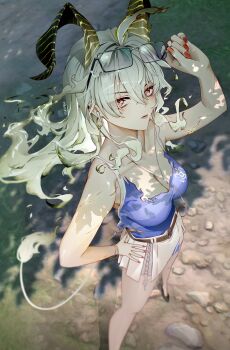 Rule 34 | 1girl, absurdres, alternate costume, bare shoulders, black horns, black shoes, blonde hair, blue shirt, breasts, collarbone, commentary, curled horns, earbuds, earphones, earrings, eyewear lift, glasses, hair between eyes, hand on own hip, highres, horns, jelmul, jewelry, key earrings, long hair, looking at viewer, mole, mole on breast, nail polish, outdoors, parted lips, red eyes, red nails, scar, shirt, shirt tucked in, shoes, skirt, solo, standing, tail, torn clothes, torn shirt, twitter username, white skirt, wuthering waves, zani (wuthering waves)