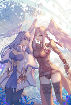 2girls blue_eyes breasts cleavage grey_hair head_wings highres large_breasts medium_breasts melia_antiqua multiple_girls outdoors tangmen_igo tyrea_(xenoblade) wings xenoblade_chronicles_(series) xenoblade_chronicles_1 xenoblade_chronicles_3