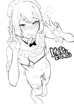 1boy artist_name blush bow bowl_cut bowtie chastity_cage chastity_cage_emission closed_mouth collar commentary_request condom condom_in_mouth cum cum_string cupless_bikini detached_collar double_v elbow_gloves eyelashes foot_out_of_frame frilled_collar frilled_gloves frills from_above furrowed_brow gloves greyscale hair_between_eyes hands_up heavy_breathing highres lineart lock long_nipples looking_at_viewer maid_headdress male_focus merumeru_(ts_tox_mlml) monochrome motion_lines mouth_hold navel_piercing nipples no_shoes original padlock padlocked_chastity_cage piercing precum pubic_stubble remote_control_vibrator sex_toy sidelocks simple_background small_testicles smile solo standing sweat testicles thighhighs trap tube_chastity_cage v vibrator vibrator_cord vibrator_in_thighhighs