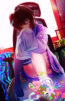 1girl absurdres agnes_tachyon_(umamusume) ahoge animal_ears bandage_on_leg brown_hair chair coat commentary_request ear_covers feet hair_over_one_eye higeji_(higeji404) highres horse_ears horse_girl horse_tail huge_ahoge knees_up lab_coat on_chair purple_sailor_collar purple_shirt purple_skirt purple_thighhighs puzzle_piece red_eyes sailor_collar shirt simple_background single_thighhigh skirt sleeves_past_fingers sleeves_past_wrists soles solo swivel_chair tail thighhighs thighs toes umamusume umamusume:_beginning_of_a_new_era white_background white_coat