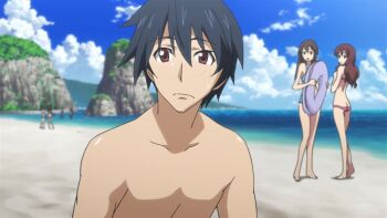 1boy 5girls alternate_hairstyle animated arms_behind_back ass audible_speech ball barefoot beach bikini blonde_hair blue_hair braid braided_ponytail breasts brown_eyes brown_hair butt_crack charlotte_dunois cleavage close-up closed_eyes dimples_of_venus embarrassed english_audio eyepatch feet flustered from_behind front-tie_top grey_hair hair_ribbon half-closed_eyes hanging_breasts highres infinite_stratos jewelry large_breasts laura_bodewig legs long_hair low_twintails lying multiple_girls multiple_views mummy_costume navel necklace nervous_smile ocean open_mouth orimura_ichika panicking purple_eyes red_eyes ribbon running shorts skirt smile sound surprised sweatdrop swimsuit tagme teeth thighs tongue twintails unconscious video volleyball_(object) water whale_tail_(clothing)