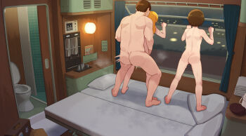 1boy 2girls abubu blonde_hair brown_hair commentary commentary_request completely_nude english_commentary hetero highres loli mixed-language_commentary multiple_girls nude original sex