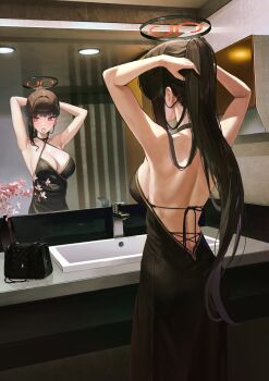1girl absurdres adjusting_hair alternate_costume alternate_hairstyle armpits arms_behind_head bag bare_back bare_shoulders black_choker black_dress black_hair blue_archive blunt_bangs breasts bright_pupils choker cleavage collarbone commentary_request criss-cross_halter dress faucet flower from_behind hair_tie_in_mouth hallo_(rltkdydrltk) halo halterneck hand_in_own_hair handbag hands_in_own_hair highres indoors large_breasts long_hair looking_at_mirror looking_at_viewer mirror mirror_image mouth_hold ponytail red_eyes reflection rio_(blue_archive) shoulder_blades sidelocks sink solo tying_hair very_long_hair wall_lamp white_pupils