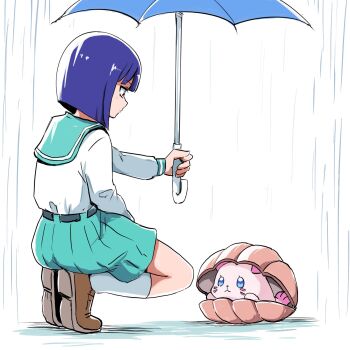 Rule 34 | 1girl, aozora middle school uniform, aqua belt, aqua sailor collar, aqua skirt, belt, blue eyes, blue hair, bob cut, brown eyes, brown shoes, clam shell, commentary, highres, holding, holding umbrella, kururun (precure), loafers, looking at animal, precure, rain, sailor collar, school uniform, seal (animal), seashell, serafuku, shell, shiratori yuriko, shirt, shirt tucked in, shoes, short hair, skirt, socks, squatting, tropical-rouge! precure, umbrella, uraki, white background, white shirt, white socks
