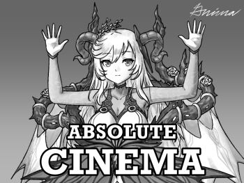 Rule 34 | 1girl, absolute cinema (meme), bare shoulders, breasts, cleavage, curled horns, dress, english text, fire emblem, fire emblem heroes, freyja (fire emblem), goat horns, greyscale, grimaisbestwaifu, hand up, horns, large breasts, layered dress, long hair, looking at viewer, meme, monochrome, nintendo, solo, thorns, upper body