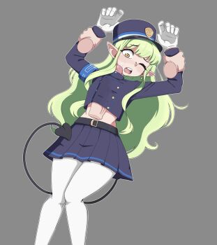 1boy 1girl absurdres armband arms_up belt blue_archive blue_armband blush demon_tail disembodied_hand disembodied_penis gloves green_hair grey_background groin hands_up hat hetero highres hiivenn hikari_(blue_archive) hip_focus large_penis legs_together loli long_hair long_sleeves looking_at_penis looking_down lying midriff naizuri naizuri_under_clothes nose on_back one_eye_closed open_mouth paizuri paizuri_under_clothes penis pleated_skirt pointy_ears precum precum_on_face rape simple_background skirt tail teeth uncensored upper_teeth_only white_gloves yellow_eyes