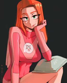 1girl atom_eve black_background bodysuit breasts closed_mouth commentary elbow_rest english_commentary green_eyes head_rest highres invincible_(series) large_breasts long_hair looking_at_viewer orange_hair pillow pink_bodysuit samantha_eve_wilkins sanpaku shibansfw simple_background sitting smile solo superhero_costume