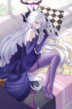 1girl absurdres bare_shoulders black_halo black_horns blue_archive closed_mouth commentary_request couch demon_wings dress earrings elbow_gloves full_body gloves halo highres hina_(blue_archive) hina_(dress)_(blue_archive) horns indoors jewelry long_hair lying multiple_horns nanbugin no_shoes official_alternate_costume on_couch on_side pantyhose pillow purple_dress purple_eyes purple_gloves purple_pantyhose solo strapless strapless_dress very_long_hair white_hair wings
