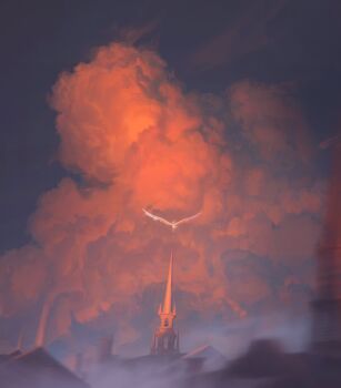 Rule 34 | anna gong, blurry, blurry foreground, cloud, cloudy sky, highres, original, scenery, sky, tower, twilight, wings