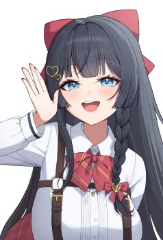 Rule 34 | 1girl, absurdres, black hair, blue eyes, bow, braid, collared shirt, commentary, highres, long hair, looking at viewer, open mouth, red bow, shirayuki hina, shirt, simple background, smile, solo, stellive, symbol-only commentary, teeth, tongue, upper body, upper teeth only, virtual youtuber, white background, white shirt, woogi