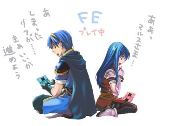 1boy 1girl blue_eyes blue_hair caeda_(fire_emblem) commentary_request doroimo fire_emblem fire_emblem:_shadow_dragon handheld_game_console holding holding_handheld_game_console long_hair marth_(fire_emblem) nintendo nintendo_ds short_hair simple_background sitting sweatdrop tiara translation_request white_background