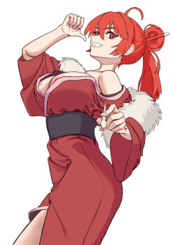 1girl alternate_costume alternate_hairstyle breasts cleavage eris_greyrat grin hair_bun highres japanese_clothes kimono large_breasts legs long_hair looking_at_viewer mushoku_tensei nipple_slip nipples no_bra red_eyes red_hair smile solo teeth thighs thumbs_up tongue