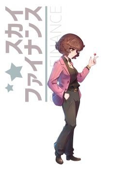 1girl absurdres akiyama_shun akiyama_shun_(cosplay) akiyama_yukari belt belt_buckle black_belt black_pants black_shirt brown_eyes brown_hair brown_shoes buckle candy commentary cosplay dress_shirt english_commentary fluff fluffkaiser fluffy_hair food from_side full_body girls_und_panzer hand_in_pocket high_heels highres holding holding_candy holding_food holding_lollipop jacket lollipop long_sleeves looking_at_viewer open_collar pants pink_jacket profile ryuu_ga_gotoku_(series) ryuu_ga_gotoku_1 shirt shoes short_hair smile solo standing striped_clothes striped_jacket vertical-striped_clothes vertical-striped_jacket