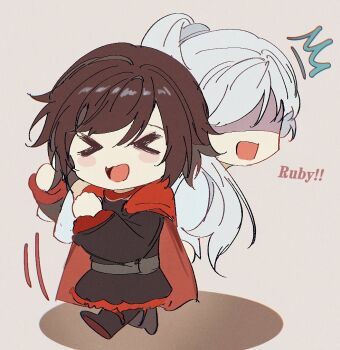 >_< 2girls akane031 black_dress blush brown_hair cape carrying_over_shoulder chibi dress english_text long_hair multiple_girls open_mouth ponytail red_cape ruby_rose rwby shaded_face short_hair weiss_schnee white_hair
