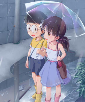 1boy 1girl absurdres ai_ai_gasa bag black_hair boots breasts brown_eyes brown_hair child collarbone doraemon glasses highres holding holding_bag holding_umbrella ii_fuufu_no_hi kachitoki light_blush long_hair minamoto_shizuka nobi_nobita open_mouth outdoors rain round_eyewear small_breasts smile tongue umbrella walking