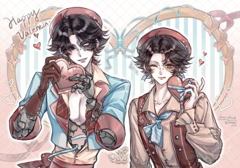 Rule 34 | 2boys, artist name, beret, black eyes, black hair, blue neckerchief, blue ribbon, brown eyes, brown gloves, brown shirt, burn scar, commentary, curtained hair, dated, dual persona, elbow gloves, english text, face piercing, fool's gold (identity v), gloves, hat, heart, heterochromia, highres, hole in chest, hole on body, identity v, long sleeves, luoy1023, male focus, matching outfits, multiple boys, neckerchief, norton campbell, nose piercing, one eye closed, open clothes, open mouth, open shirt, pectorals, piercing, puffy long sleeves, puffy sleeves, red hat, red vest, ribbon, rock arms, scar, scar on face, shirt, short hair, single glove, solid eyes, three-quarter sleeves, tongue, tongue out, untranslatable commentary, upper body, valentine, vest, white eyes