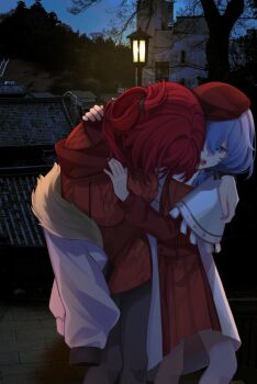 2girls beret blue_eyes casual coat dress drunk fur_coat grey_pants hat honkai_(series) honkai_impact_3rd house lamppost long_hair multiple_girls murata_himeko open_mouth outdoors pants red_dress red_hair red_sweater sweatdrop sweater tana_(tanabio) theresa_apocalypse tree turtleneck turtleneck_sweater white_coat white_hair
