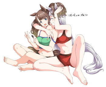 Rule 34 | 2girls, animal ears, breasts, brown eyes, brown tail, cleavage, feet, gold ship (umamusume), green sports bra, grey hair, grey tail, grin, hamao, highres, horse ears, horse tail, large breasts, looking at another, midriff, multiple girls, navel, open mouth, playing with another's hair, purple eyes, red shorts, red sports bra, shorts, simple background, sitting, smile, sports bra, tail, tosen jordan (umamusume), translation request, twintails, umamusume, white background