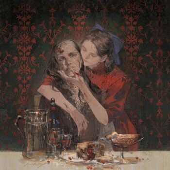 1girl black_hair blood blood_on_face blood_on_hands blue_ribbon commentary_request dress hair_ribbon looking_up naux pearl_(movie) pearl_douglas red_dress ribbon ruth solo x_trilogy