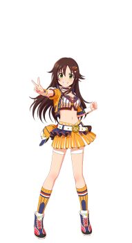 1girl belt breasts brown_hair choker cleavage full_body green_eyes grin hair_ornament hat himekawa_yuki idol_clothes idolmaster idolmaster_cinderella_girls idolmaster_cinderella_girls_starlight_stage jacket kneehighs navel official_art shorts skirt smile socks solo star_(symbol) transparent_background unworn_hat unworn_headwear v