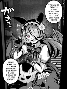 1girl animal_ears bat_wings black_hairband bow claw_pose ear_covers english_text flipped_hair flower frills gloves hair_over_one_eye hairband halloween halloween_bucket halloween_costume highres holding horse_ears horse_girl horse_tail lace lace-trimmed_gloves lace_trim long_hair looking_at_viewer monochrome official_alternate_costume open_mouth puffy_short_sleeves puffy_sleeves purple_eyes rice_shower_(make_up_vampire!)_(umamusume) rice_shower_(umamusume) rose sakanaflyer shirt short_sleeves skirt smile solo speech_bubble spot_color tail teeth trick-or-treating trick_or_treat umamusume wings