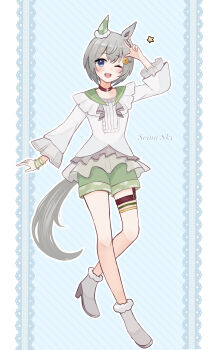 Rule 34 | 1girl, absurdres, animal ears, blue eyes, blush, brown choker, character name, choker, commentary request, ear covers, flower, green sailor collar, green shorts, grey hair, grey shirt, hair between eyes, hair flower, hair ornament, hairclip, highres, horse ears, horse girl, horse tail, layered shirt, long sleeves, looking at viewer, mayuchi427, one eye closed, open mouth, sailor collar, seiun sky (reeling in the big one) (umamusume), seiun sky (umamusume), shirt, shoes, short hair, shorts, single ear cover, smile, solo, star (symbol), sunflower, sunflower hair ornament, tail, thigh strap, umamusume, w