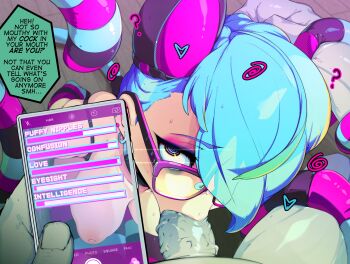 ... 1girl ? @_@ absurdres animal_ears attribute_slider blue_eyes blue_hair blue_tail breast_slider breasts breasts_apart cellphone collar collarbone commentary earrings english_commentary english_text fellatio from_above glasses hair_over_one_eye heart highres holding holding_phone jewelry looking_at_viewer looking_up medium_breasts nipples oral original out_of_frame penis phone pink-framed_eyewear pink_eyes pink_tail puffy_nipples slugbox smartphone solo_focus speech_bubble spoken_ellipsis striped_tail stud_earrings sweat tail veins veiny_penis vomi_agogo_(slugbox) wooden_floor