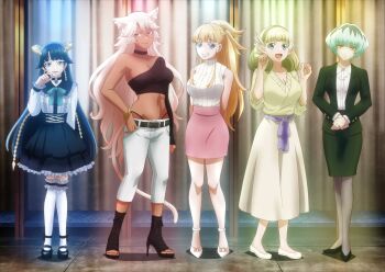 5girls absurdres amber_idonokan animal_ears blonde_hair blue_eyes breasts cat_ears cat_girl cat_tail cleavage dark-skinned_female dark_skin female_focus granat_needakitta green_eyes highres horns kekkon_yubiwa_monogatari large_breasts long_hair midriff multiple_girls navel nephrites_lomka nonaka_himeno official_art pointy_ears saphir_maasa smile tail