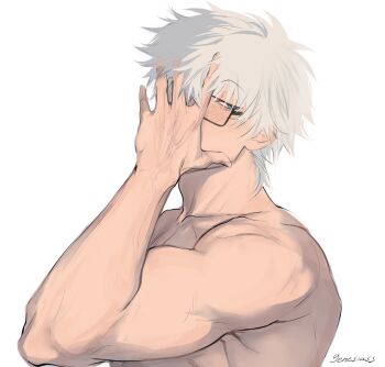 Rule 34 | 1boy, 9enesiass, alternate eyewear, black-framed eyewear, blush, collarbone, glasses, gojou satoru, highres, jujutsu kaisen, male focus, nude, rectangular eyewear, short hair, simple background, solo, twitter username, upper body, veins, veiny hands, white background, white hair