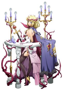 1girl against_railing ass back_cutout balcony bare_shoulders black_garter_straps black_thighhighs blonde_hair blue_cape blue_eyes blue_fire braid brambles breasts candle candlestand cape closed_mouth clothing_cutout crown_of_thorns dress fire frilled_dress frills from_side full_body fur-trimmed_cape fur_trim game_cg garter_straps gloves gold_shoes gradient_clothes gradient_dress high_heels highleg highleg_dress highres holding holding_sheath holding_sword holding_weapon langrisser langrisser_mobile long_dress long_hair long_sidelocks looking_at_viewer looking_back medium_breasts multicolored_dress official_alternate_costume official_art pink_dress railing red_cape red_shoes rozalia_(langrisser) second-party_source sheath sheathed shoes sideboob sidelocks simple_background smile solo standing sword tachi-e thighhighs thorns transparent_background two-sided_cape two-sided_fabric weapon white_dress white_gloves