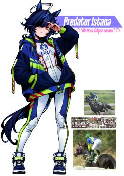 Rule 34 | 1girl, absurdres, ahoge, alkaid exec, animal ears, arm up, blue hair, blue streaks, bodysuit, breasts, character name, closed mouth, contrapposto, creature and personification, english text, full body, hair over one eye, hand in pocket, highres, hood, hoodie, horse ears, horse girl, horse tail, long sleeves, medium hair, multicolored hair, original, partially open hoodie, partially unzipped, personification, photo inset, predator istana (racehorse), print bodysuit, red eyes, shoes, small breasts, standing, streaked hair, tail, umamusume, white background, white hair, wolf cut, zipper