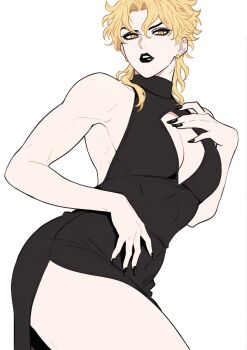 1boy bishounen black_lips blonde_hair crossdressing dio_brando ear_birthmark earrings highres jewelry jojo_no_kimyou_na_bouken lipstick long_hair makeup pale_skin solo stardust_crusaders user_nvey4484 vampire yellow_eyes