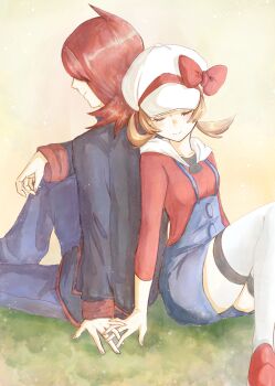 1boy 1girl arm_on_knee arm_rest asuka_rkgk back-to-back black_sweater blue_pants blue_suspenders bow brown_hair closed_eyes facing_away hair_over_one_eye hand_on_ground hat highres holding_hands hooded_shirt interlocked_fingers knee_up knees_up leaning_on_person light_blush lyra_(pokemon) newsboy_cap nintendo on_grass on_ground orange_hair pants pokemon pokemon_hgss red_bow red_shirt red_shoes red_sweater shirt shoes shorts silver_(pokemon) sleeping suspender_shorts suspenders sweater turning_head twintails white_hat yellow_background
