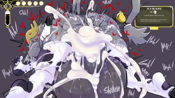 1boy 1girl animal_ears ass blush breasts butler_(pseudoregalia) christmas colored_skin cum cum_in_pussy dialogue_box english_text excessive_cum fakeryway grey_background grey_fur grey_skin heart horns huge_ass huge_penis impregnation leg_grab lying medium_breasts missionary nipples on_person one_eye_closed ovum partially_undressed penis penis_grab pseudoregalia simple_background size_difference sybil_(pseudoregalia) thighhighs vaginal veins veiny_penis