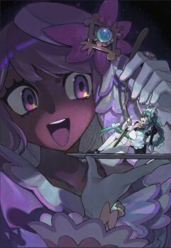 2girls apron black_romper blunt_bangs bow bowtie braid braided_ponytail commentary_request dark-skinned_female dark_skin dress fascinator fork frills glove_bow gloves gold_ring green_hair hair_ornament holding holding_fork holding_plate jacinthe_(pokemon) juliet_sleeves kurokawashinrin lebanne_(pokemon) long_braid long_hair long_sleeves maid maid_apron maid_headdress mega_stone multiple_girls nintendo open_mouth plate pokemon pokemon_legends:_z-a puffy_sleeves purple_dress purple_eyes purple_hair romper smile teeth thighhighs very_dark_skin white_bow white_bowtie white_gloves white_thighhighs