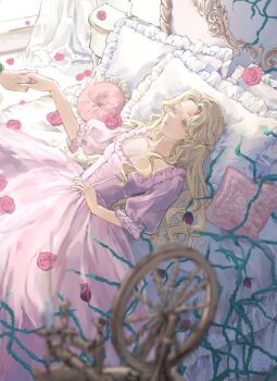 1girl 1other bed blonde_hair blue_eyes blurry breasts candle cleavage colored_eyelashes commentary_request curtains depth_of_field dress flower gown half-closed_eyes half_updo highres holding_hands indoors long_hair looking_ahead lying nightstand on_back on_bed ousssx_x parted_bangs parted_lips pillow pink_dress pink_flower pink_rose princess puffy_sleeves rose sleeping_beauty_(fairy_tale) sleeping_beauty_(fairy_tale_character) spinning_wheel square_neckline thorns three-quarter_sleeves wavy_hair