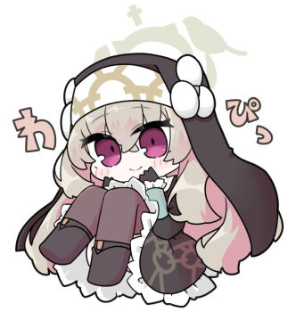 1girl black_boots black_dress black_gloves blue_archive blush_stickers boots brown_hair brown_pantyhose closed_mouth dress flower full_body gloves hair_between_eyes halo knees_up long_sleeves looking_at_viewer miranofuudoria nun pantyhose purple_eyes sakurako_(blue_archive) simple_background sleeves_past_wrists smile solo veil white_background white_flower