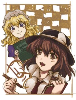 Rule 34 | 2girls, black hat, blonde hair, blush, book, bow, breasts, brown eyes, brown hair, checkered background, closed mouth, collared shirt, hair between eyes, hair bow, hat, hat bow, highres, holding, holding book, holding notebook, holding pen, looking at another, looking at viewer, maribel hearn, medium hair, mob cap, multiple girls, necktie, notebook, open mouth, pen, purple eyes, purple shirt, red necktie, sanwa no jako (daikichi club), shirt, short hair, short sleeves, sleeve cuffs, smile, touhou, usami renko, white bow, white hat, white shirt