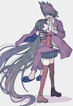 1boy 1girl :d black_hair black_sailor_collar blunt_bangs brown_shoes carrying carrying_person danganronpa_(series) danganronpa_v3:_killing_harmony hair_ornament hair_scrunchie hairclip harukawa_maki highres long_hair long_sleeves looking_at_viewer low_twintails mole mole_under_eye momota_kaito open_mouth pleated_skirt red_eyes red_scrunchie red_shirt red_thighhighs sailor_collar satori_(aosky9077) scrunchie shirt shoes simple_background skirt smile solo spiked_hair thighhighs twintails v white_background