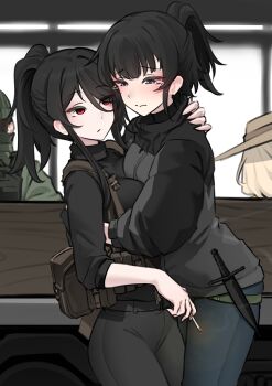 Rule 34 | :/, absurdres, ammunition pouch, asymmetrical docking, bandit-chan (k0ng), beanie, black hair, black jacket, black pants, black shirt, blonde hair, blush, breast press, breasts, brown background, brown hat, chest rig, cigarette, closed mouth, dagger, expressionless, grey jacket, grey pants, hand on another's back, hat, high ponytail, highres, holding, holding cigarette, hug, jacket, k0ng, knife, large breasts, long hair, long sleeves, looking at another, merc-san (k0ng), multicolored jacket, original, pants, ponytail, pouch, red eyes, shirt, short hair, skindentation, sleeves rolled up, smoke, tearing up, turtleneck, turtleneck shirt, two-tone jacket, weapon