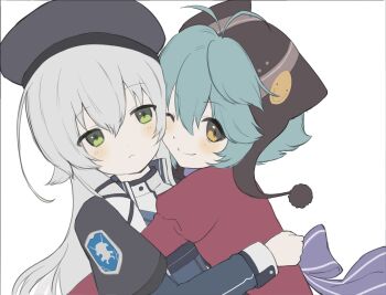 2girls ahoge altina_orion artist_request back_bow beanie beret black_hat blush bow capelet closed_mouth commentary_request double-parted_bangs earflap_beanie eiyuu_densetsu embarrassed green_eyes green_hair hair_between_eyes hat highres hug light_frown long_hair looking_at_viewer millium_orion multiple_girls one_eye_closed pom_pom_(clothes) pom_pom_beanie purple_bow school_uniform sen_no_kiseki sen_no_kiseki_(series) sen_no_kiseki_i sen_no_kiseki_iii short_hair siblings simple_background sisters smile thors_military_academy_branch_campus_uniform thors_military_academy_class_vii_uniform white_background white_hair yellow_eyes