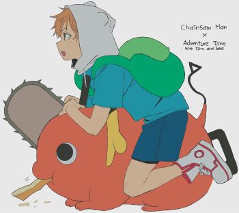 Rule 34 | 1boy, aqua shirt, betti (xx betti), black eyes, blonde hair, chainsaw, chainsaw man, creature, finn the human, flat color, full body, highres, open mouth, pochita (chainsaw man), profile, shirt, shoes, short sleeves, simple background, tail, tail raised, teeth, upper teeth only, white background, white shoes