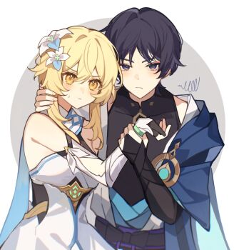 1boy 1girl aqua_gemstone arm_cutout bare_shoulders belt black_belt black_bodysuit black_bow black_hair blonde_hair blue_cape blue_flower blue_kimono blue_trim blunt_ends blush bodysuit bow breasts cape closed_mouth clothing_cutout detached_sleeves dress eyeliner eyeshadow fingernails flower gem genshin_impact gold hair_between_eyes hair_flower hair_ornament halterneck hand_on_another&#039;s_neck highres holding_another&#039;s_wrist japanese_clothes juban kimono looking_at_viewer lumine_(genshin_impact) makeup mandarin_collar medium_breasts multicolored_flower open_clothes open_kimono parted_bangs purple_eyes purple_sash red_eyeliner red_eyeshadow reido_0723 sash scaramouche_(genshin_impact) scarf short_hair short_hair_with_long_locks shoulder_peek sidelocks simple_background squiggle sweatdrop tsurime vambraces vision_(genshin_impact) wanderer_(genshin_impact) white_dress white_flower white_kimono white_scarf yellow_eyes