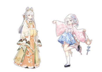 2girls :d bag beizi_(clothing) blue_eyes bow bow-shaped_hair braid chinese_clothes dress floral_print flower food fruit full_body geta hair_ornament hanfu holding japanese_clothes kimono leg_up long_hair long_sleeves looking_at_viewer mamianqun multiple_girls open_mouth origami original paper_crane persimmon red_eyes sandals shiromuku shoes short_hair simple_background skirt smile socks standing standing_on_one_leg tassel uchikake white_background white_hair wide_sleeves zhenming