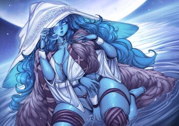 1girl blue_eyes blue_hair blue_skirt clothes colored_skin doll_joints elden_ring extra_arms female_focus fromsoftware gofa hat highres joints long_hair looking_at_viewer one_eye_closed open_mouth ranni_the_witch robe sitting skirt sky solo star_(sky) starry_sky water white_hat white_robe witch witch_hat