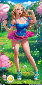 absurdres accidental_exposure ahoge aqua_panties aqua_shoes aroma_sensei artist_name backpack bag bare_shoulders belt blonde_hair blue_eyes blue_shirt blue_shoes blush bow bow_panties bra_strap breasts button_gap camera camisole character_name cleavage collarbone contrapposto emoji english_text eyepatch falling_petals flower forehead forest frilled_shirt frills full_body glint grass haley_(stardew_valley) hands_up harvey_(stardew_valley) high_tops highres jewelry large_breasts long_hair looking_down maru_(stardew_valley) midriff_peek miniskirt mole mole_on_breast multicolored_shoes nature necklace open_mouth outdoors panties pantyshot parted_hair patreon_username penny_(stardew_valley) petals pink_skirt shading_eyes shirt shoes skirt sneakers socks solo_focus speech_bubble squatting standing star_(symbol) stardew_valley surprised sweat two-tone_shoes underwear watermark wavy_hair web_address white_shoes white_socks wind wind_lift
