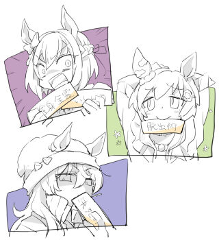 3girls animal_ears arms_behind_head arms_up beanie beer_hsk braid collared_shirt cropped_torso ears_through_headwear emphasis_lines flower hair_between_eyes hair_flower hair_ornament hair_ribbon hairclip hat holding horse_ears jacket long_hair mouth_hold multiple_girls nakayama_festa_(umamusume) open_clothes open_jacket ribbon seiun_sky_(reeling_in_the_big_one)_(umamusume) seiun_sky_(umamusume) shirt special_week_(umamusume) track_jacket translation_request umamusume upper_body