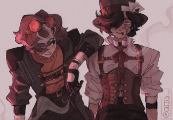 2boys ace_(playing_card) ace_of_spades adapted_costume alternate_costume wallet_chain black_eyes black_gloves black_hat black_pants brown_coat brown_corset brown_hair card cigarette coat collared_shirt commentary corset dream_smp elbow_on_another's_shoulder english_commentary eye_contact facial_scar fingerless_gloves gloves goggles goggles_on_head hair_over_one_eye hat highres holding holding_cigarette leaning_on_person looking_at_another male_focus minecraft_youtube multicolored_hair multiple_boys necktie open_clothes open_coat pants patchwork_clothes patchwork_skin playing_card qtiq quackity red-tinted_eyewear red_necktie scar scar_across_eye scar_on_cheek scar_on_face shirt smile smoke smoking spade_(shape) steampunk stitched_arm stitched_face stitches streaked_hair sweater tinted_eyewear top_hat white_background white_hair white_shirt wilbur_soot yellow_sweater